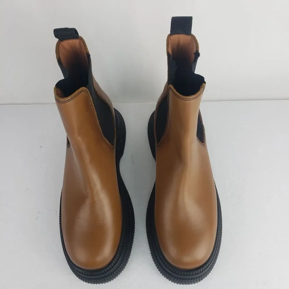Ganni Womens Ankle Leather Boots Chelsea Platform Brown